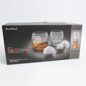 Final Touch Rock Glass 5 Piece Hand Cut Whiskey Set Measuring Jigger Ice Molds